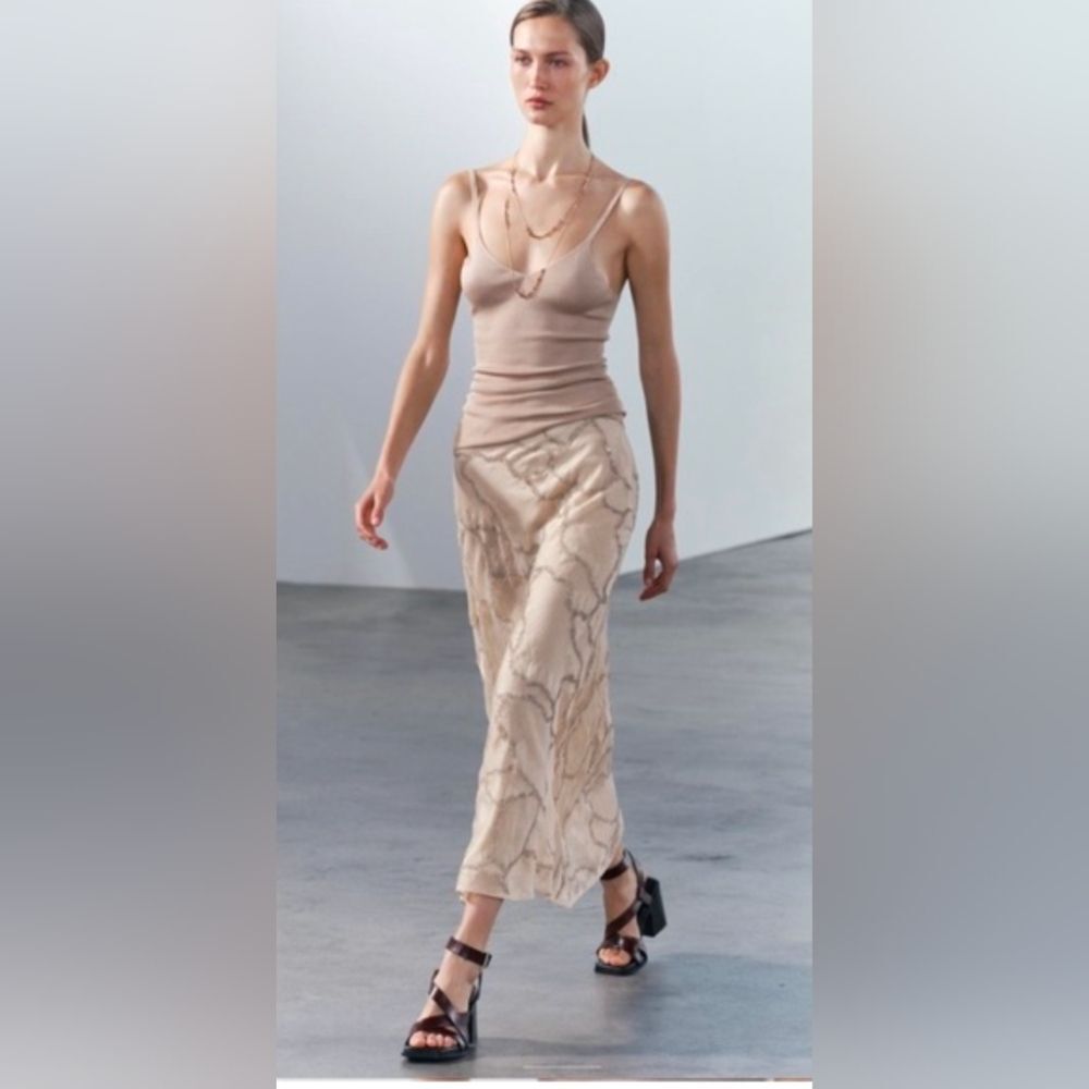 New ZARA Satin Midi Long Slip Skirt Beige Marble Neutral Nude Sz M Beads Sheer